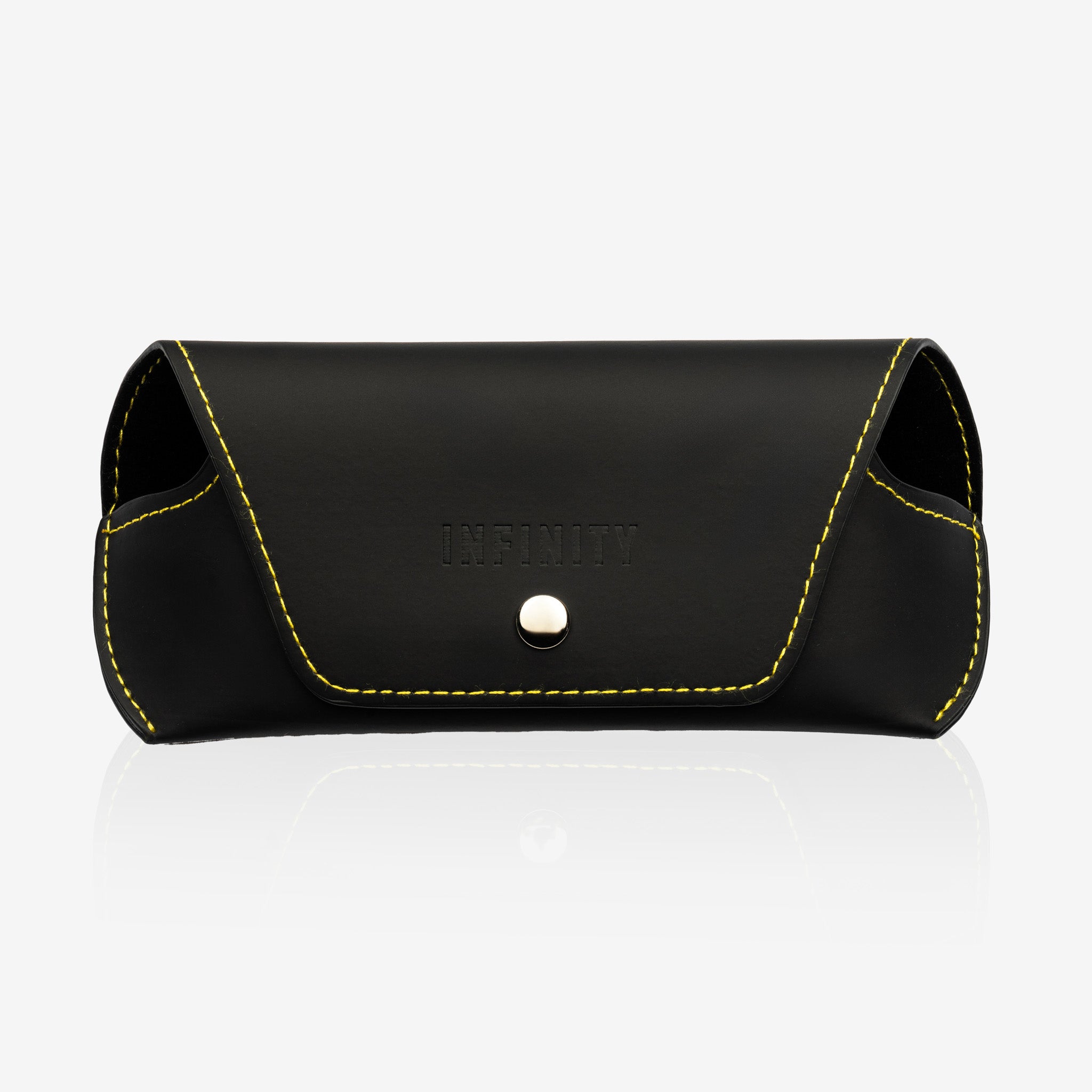 Black leather sunglasses case with yellow details